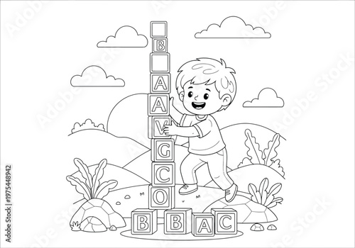 Coloring page for children with a cute boy stacking alphabet blocks in a beautiful landscape with hills and clouds