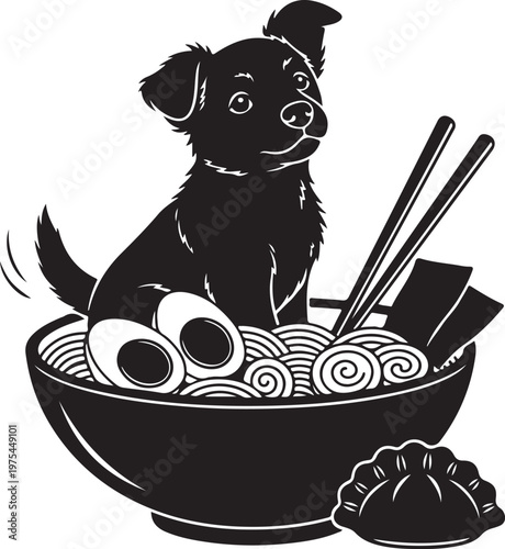 A dog sitting in a bowl of ramen noodles Vector, illustration
