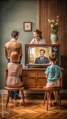 A 1950sstyle retro TV set sits on a wooden sideboard, with a family gathered around it watching an old blackandwhite television show