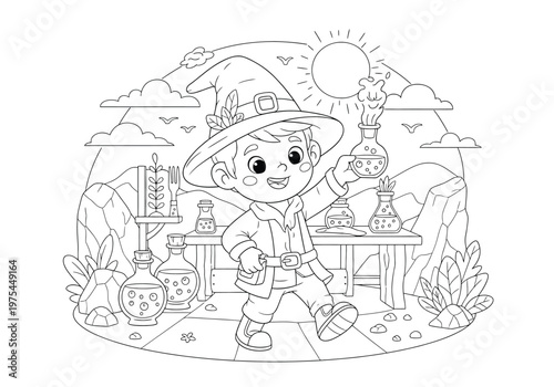 Coloring page for children featuring a cute little wizard holding a magic potion bottle, standing in front of a wooden table with various flasks and ingredients, outdoor fantasy landscape background