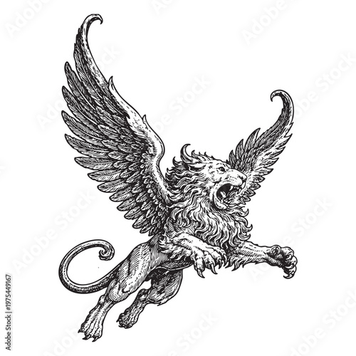 Roaring Mythological Winged Lion Crest Engraving