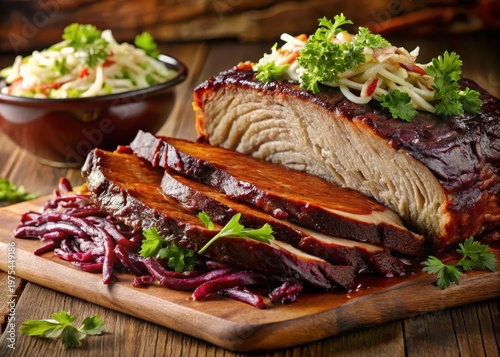 A perfectly smoked Texas brisket atop a bed of slowcooked greens and creamy coleslaw, topped with tangy BBQ sauces and a sprinkle of fresh herbs