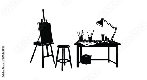 Artist workspace silhouette with easel, stool, desk, art supplies, paint brushes, palette, and desk lamp