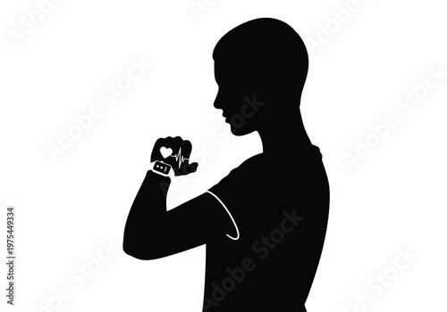 Silhouette of a person looking at a smartwatch showing a heart rate monitor icon, fitness tracking and health monitoring concept, digital health technology