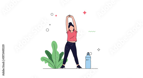 Healthy young woman performing morning stretching exercises with a water bottle nearby to promote fitness, wellness, and hydration.