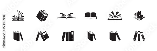 Education reading literature publishing library symbol set showing open and closed textbooks icons isolated