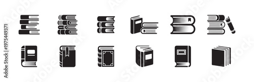 Collection of various stacked books icons and thick literature volumes vector symbols for learning and libraries