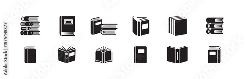 Diverse set of book icons featuring stacks thick volumes opened pages and literature symbols for education purposes