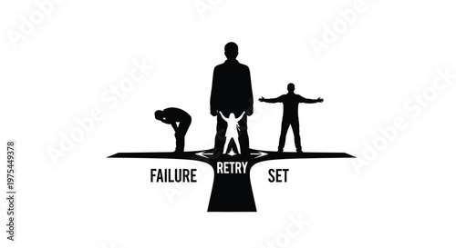 Silhouette of a person standing at a crossroads with three paths labeled failure, retry, and set, representing choices and mindset in life and business