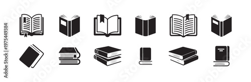 Collection of open books with bookmarks perspective views and simple stacks literature vector icons set isolated