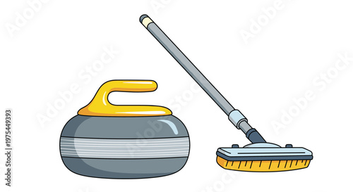 Illustration of professional curling equipment including a gray stone with a yellow handle and a specialized sweeping brush for ice sports.