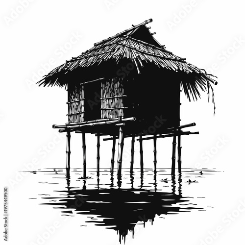 Stilt house, tropical hut, water dwelling, vector illustration