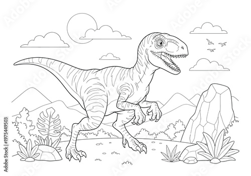 Coloring page with a cute raptor dinosaur in a prehistoric landscape with mountains, plants, and clouds, line art illustration for children