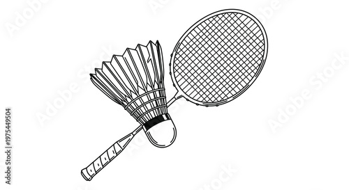 Simple line drawing of a badminton racket and a shuttlecock used for sports and recreational activities isolated on a white background.