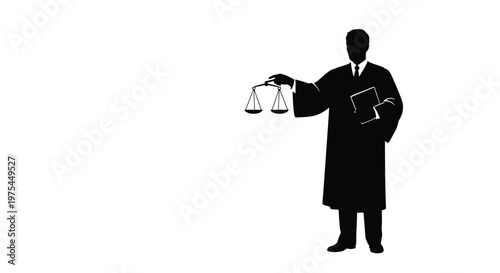 Silhouette of a judge in a robe holding a scale of justice and a legal document