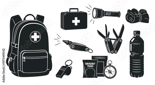 Emergency survival kit icons set, backpack, first aid kit, flashlight, multitool, whistle, food rations, compass and water bottle