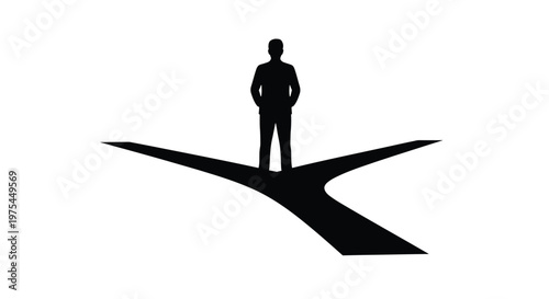 Silhouette of a businessman standing at a crossroads, making a difficult choice between two different paths, concept of decision making, career direction, and future strategy