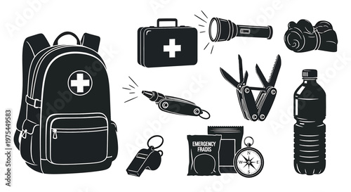 Emergency survival kit icons set backpack, first aid kit, flashlight, blanket, multitool, whistle, food ration, compass and water bottle