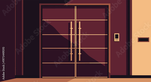 Stylish modern double doors with long vertical handles and horizontal panels depicted in a minimalist architectural style with shadows.