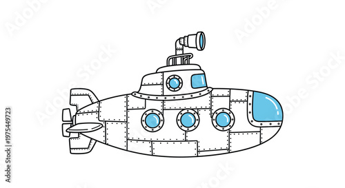Cartoon style illustration of a white submarine with blue portholes and a periscope navigating through underwater depths for exploration.