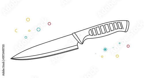 Professional kitchen chef knife with a sharp blade and ergonomic handle shown in a simple line drawing style for culinary use.