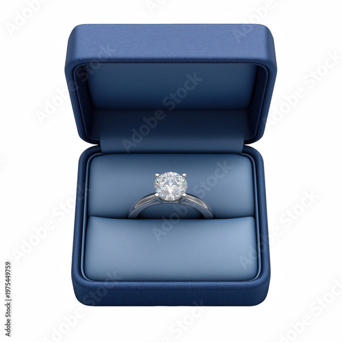 Diamond engagement ring in blue jewelry box isolated on transparent background
