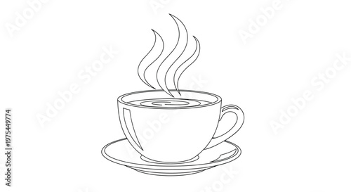 Simple black and white line drawing of a steaming hot cup of coffee on a saucer representing a relaxing morning break or cafe.