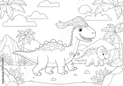 Cute cartoon dinosaurs in a prehistoric jungle landscape with palm trees, mountains, and clouds, coloring page for kids