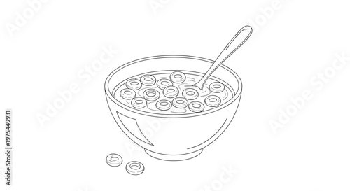 Detailed line drawing of a breakfast bowl filled with cereal loops and a spoon resting inside for a simple morning meal illustration.