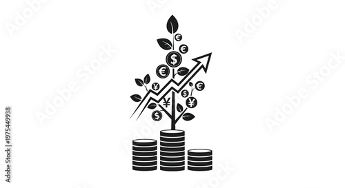 Financial growth concept, money tree with currency symbols and upward arrow, investment and savings icon, business success vector illustration