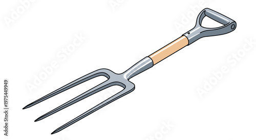 Metal garden pitchfork with a wooden handle used for agricultural work such as turning soil or moving hay in a yard or farm setting.