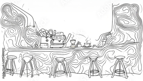 Coffee shop interior design sketch with bar stools and equipment.
