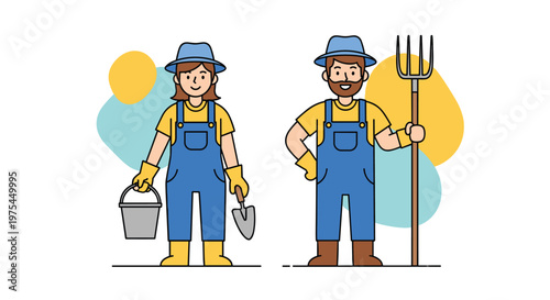 Female and male farmer characters wearing blue overalls and hats holding a bucket shovel and pitchfork in a friendly cartoon style.