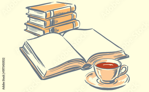 Cozy reading time artwork. Literature and coffee break design. Knowledge seeker print for poster, sticker, background and other uses.