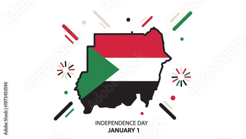 Graphic illustration of the Sudanese flag in the shape of Sudan, surrounded by festive elements, celebrating Independence Day on January 1, with a patriotic and celebratory mood.