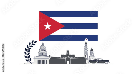 Illustration of the Cuban flag waving above a cityscape with notable buildings and a laurel branch on a white background.