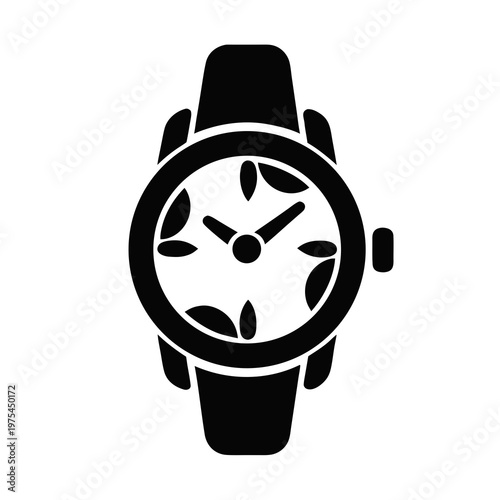 Black watch icon, leaf design, wristwatch symbol, timepiece illustration