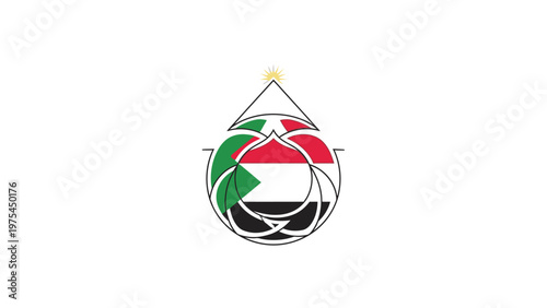 A close-up shot of a colorful, abstract logo on a white background with a teardrop shape and red, green, black, and white colors.