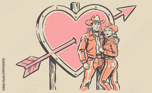 Western love story graphic print. Cowboy and cowgirl couple artwork. Vintage romance design for t-shirt, poster, and sticker art.