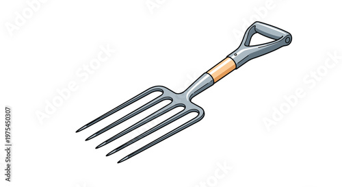 Traditional four pronged metal pitchfork with a light wooden handle used for various gardening and farm tasks like lifting straw.
