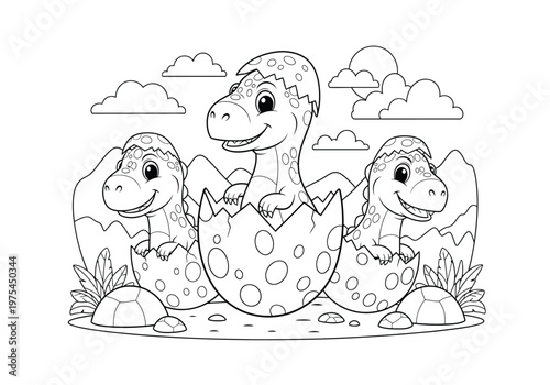 Cute baby dinosaurs hatching from eggs, coloring page for kids, cartoon prehistoric animals, vector illustration