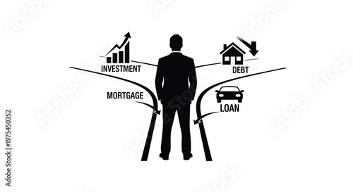 Businessman standing at a crossroads with financial choices, including investment, debt reduction, mortgage, and car loan options, conceptual illustration of financial decision making