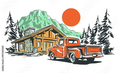 Mountain retreat. Escape to the wilderness graphic. Classic pickup truck at the cabin. Nature adventure vintage print design for apparel.