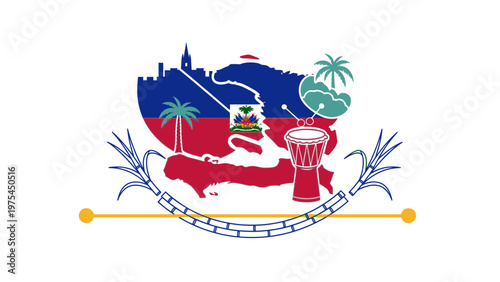 Graphic illustration of the Haitian coat of arms with a blue sky, palm trees, and a red drum on a white background.
