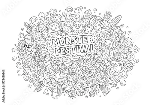 Monster festival hand drawn doodle illustration funny monsters cartoon characters poster design creative art background with creatures, sweets and abstract elements