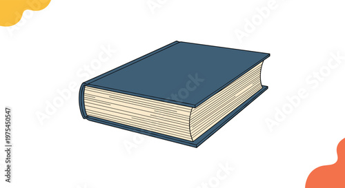 Thick hardcover book with a dark blue cover and cream pages shown from an isometric perspective on a white and orange background.
