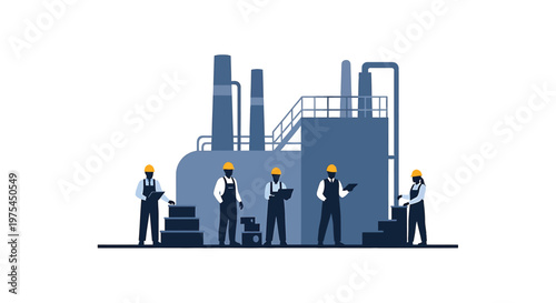 Industrial workers in hard hats standing in front of a factory building, professional engineering team, manufacturing plant concept, flat vector illustration