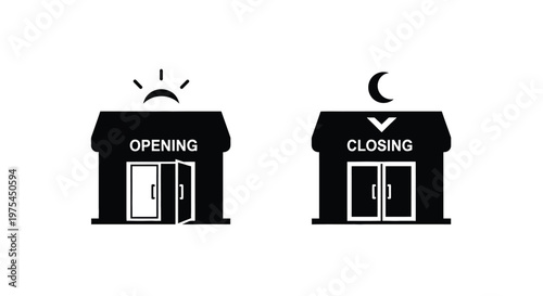 Opening and closing shop icons store business hours sign, retail shop open and closed vector illustration, black silhouette icons for storefront, daily operation time, business schedule concept