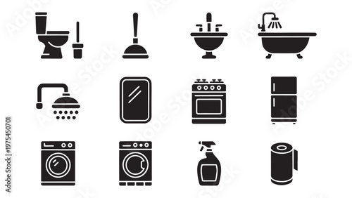 Bathroom and Kitchen Home Appliance Icon Set for Interior, Real Estate, and Smart Home App UI Design
