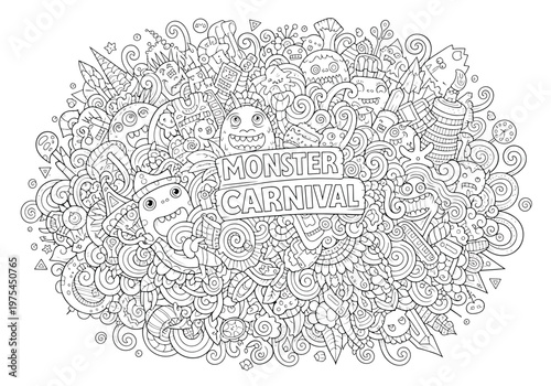 Monster carnival hand drawn doodles illustration funny monsters cartoon characters background creative art vector design with many elements and objects coloring page for kids and adults